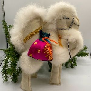 Felt Camel Stuffed Animal W/White Rabbit Fur Accents 12” Tall  Bohemian Folk